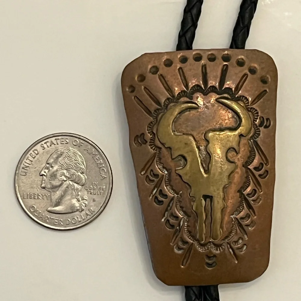 Vintage Western Leather Bolo Tie Skull Design Handmade Ranch Style Cowboy